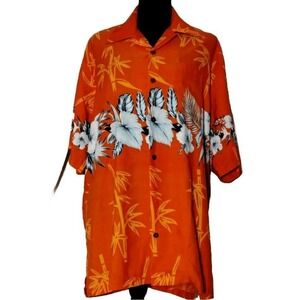 Elvish Hawaiian Shirt Floral Bamboo Print Button Up Orange XL‎
